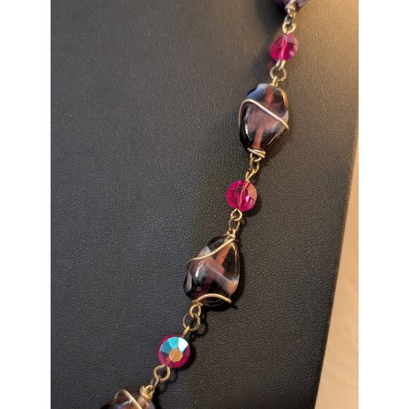 VTG Purple Wire Wrapped Glass Bead & Pink AB Crystal Bead Silver Tone Necklace - Picture 5 of 7